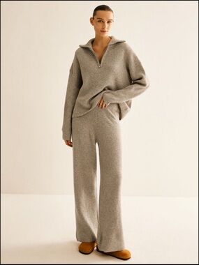 Commense Rib-Knit Wide-Leg Pants in Light Taupe